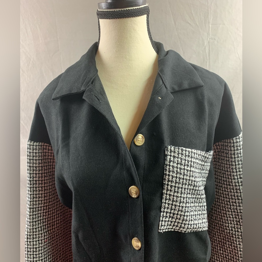 Black Houndstooth Print Drop Shoulder Shacket - Picture 7 of 9